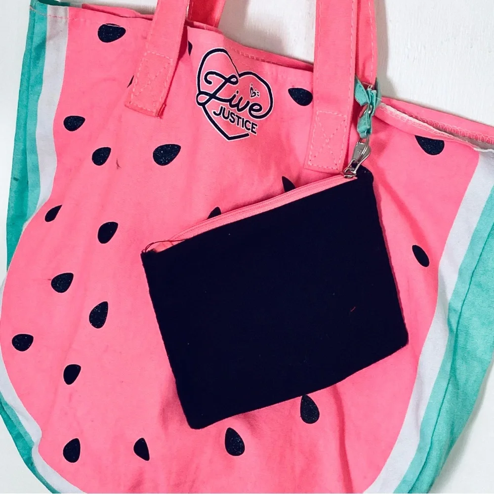 Justice Watermelon Tote Bag + Pineapple Zip Pouch Set Live Justice Pink Fruity